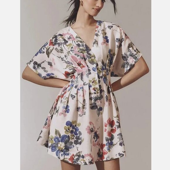 Anthropologie The Tobie Linen Pleated Mini Shirt Dress Exquise Floral LP L P NWT - Picture 1 of 5